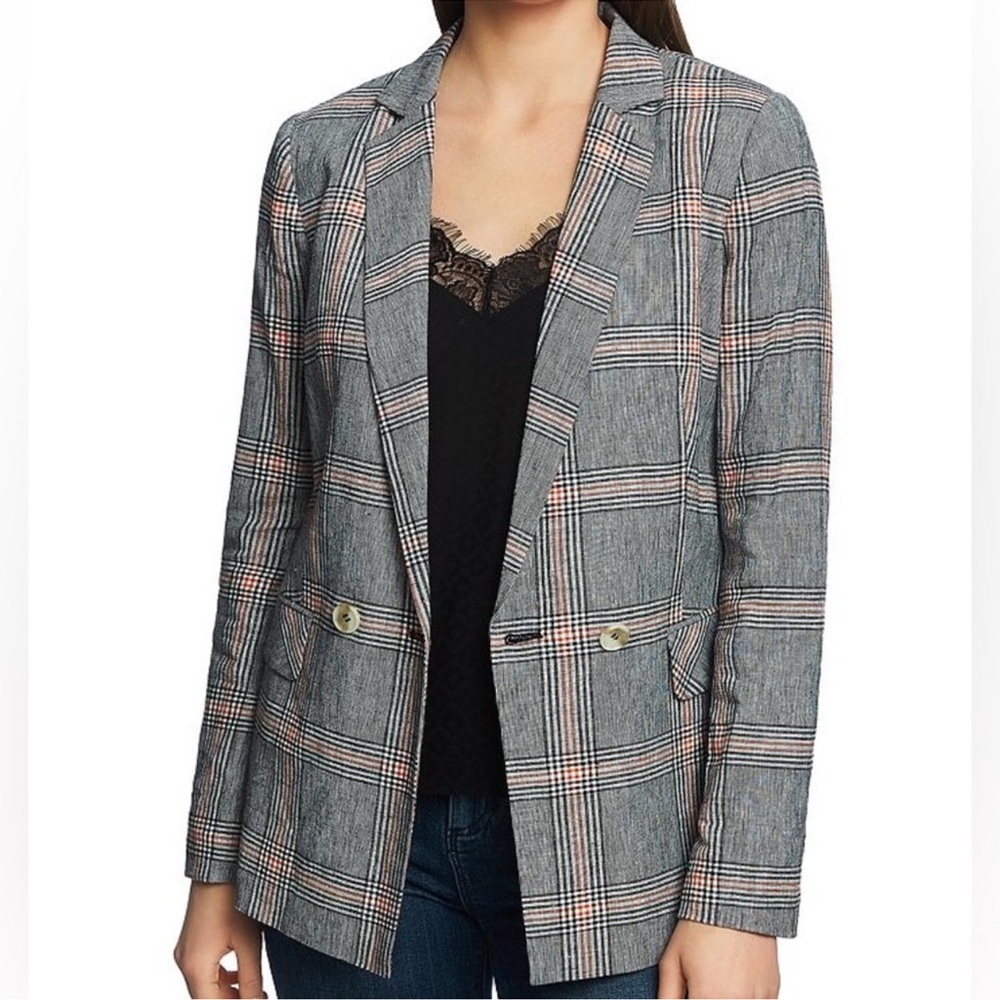 1. State cabana blues black white orange plaid linen blend blazer
